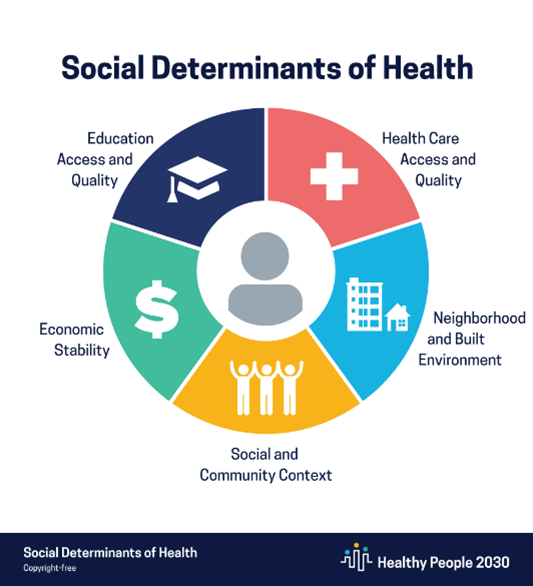 Social Determinants of Health Chart; Education Access and Quality; Health Care Access and Quality, Neighborhood and Built Environment, Social and Community Context, Economic Stability.