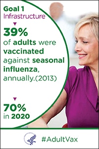 Goal 1 infrastructure - 39% of adults were vaccinated against seasonal influenza, annually (2013). 70% in 2020.