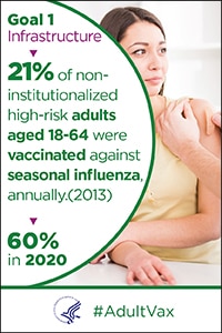Goal 1 infrastructure - 21% of non-institutionalized high-risk adults aged 18-64 were vaccinated against seasonal influenza, annually (2013). 60% in 2020.