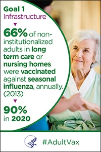 Goal 1 infrastructure - 66% of non-institutionalized adults in long term care or nursing homes were vaccinated against seasonal influenza, annually (2013).