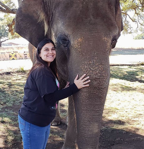 Vanessa hugging an elephant.