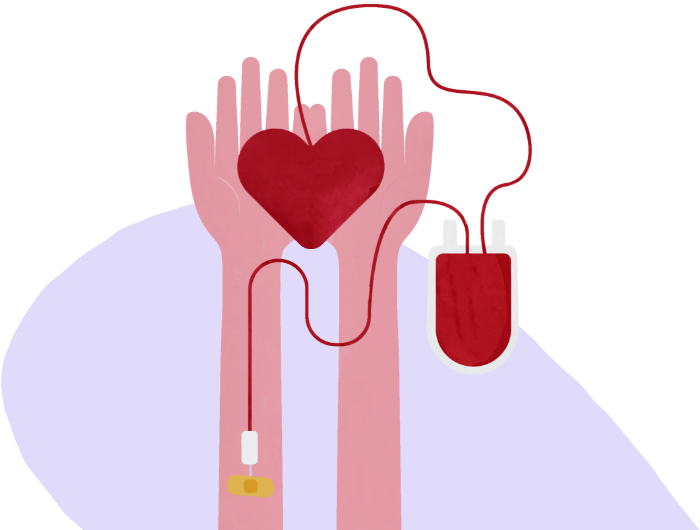 Illustration of hands, a heart, and a blood bag