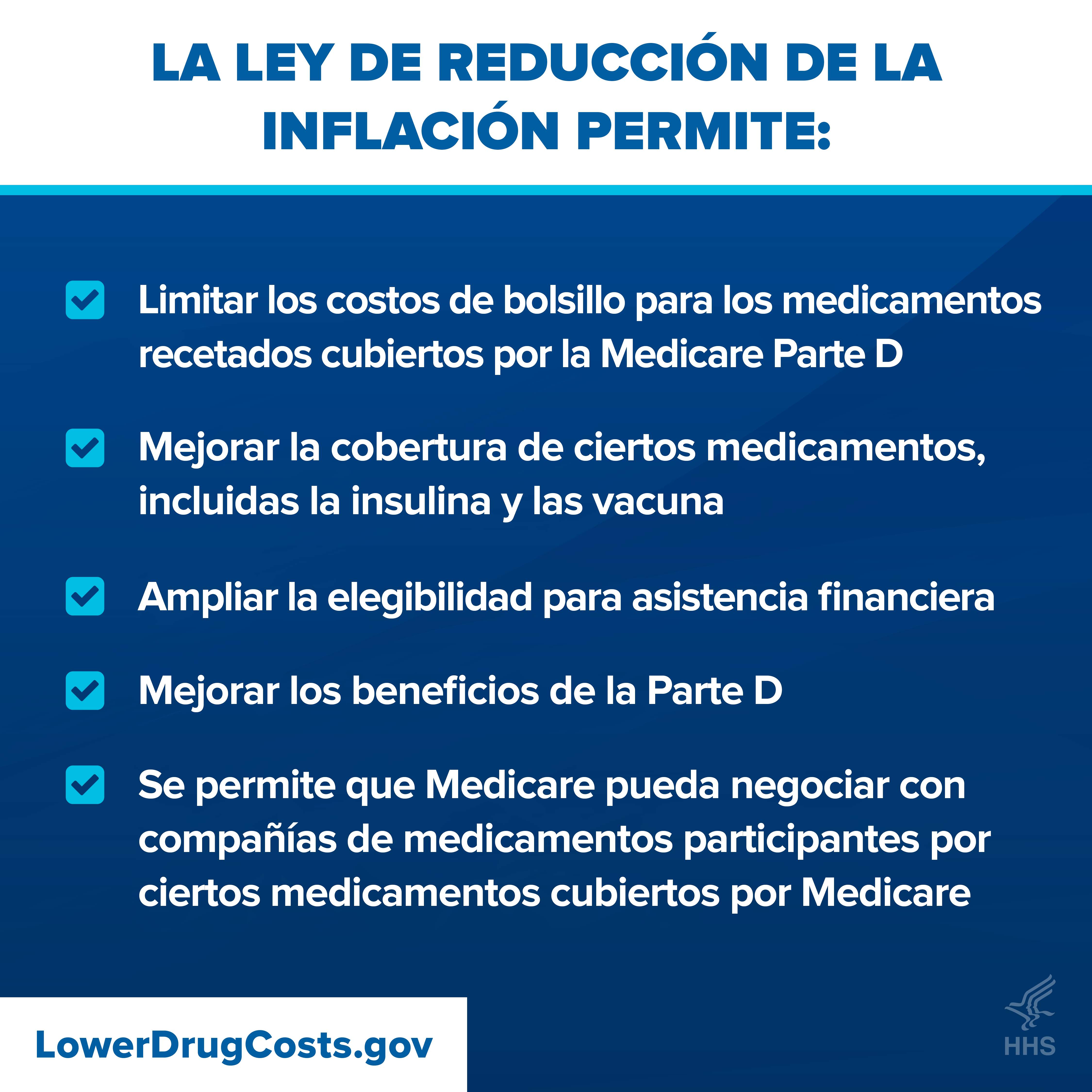 La Ley de Reducción de la Inflación es: Limitar los costos de bolsillo para los medicamentos recetados cubiertos por la Parte D Mejorar la cobertura de ciertos medicamentos, incluidas la insulina y las vacunas Ampliar la elegibilidad para asistencia financiera Cambiar la estructura de beneficios de la Parte D Autorizar al Secretario del HHS a negociar los precios de medicamentos recetados seleccionados directamente con los fabricantes participantes