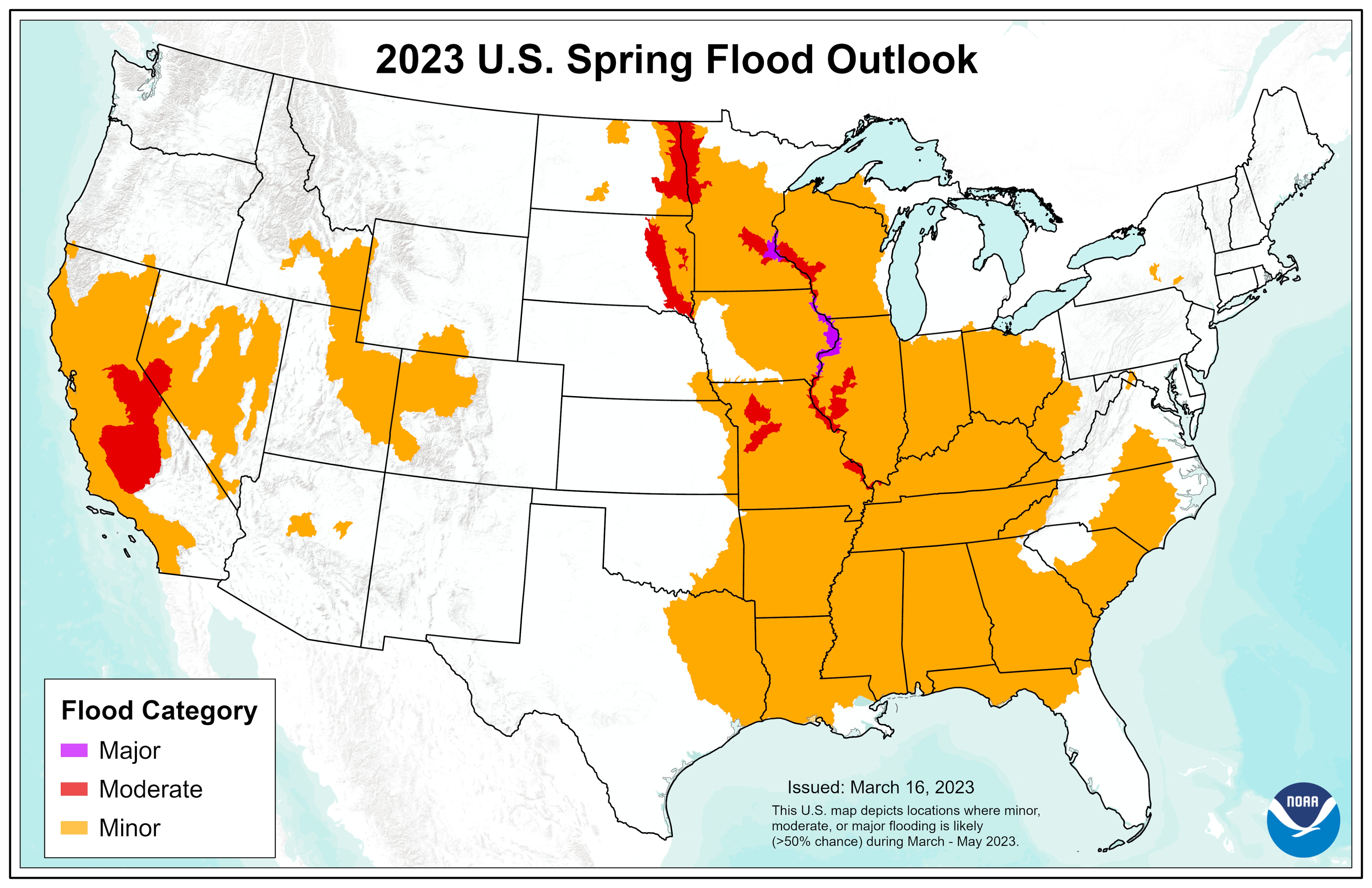 National Spring Flood Risk defined by risk of exceeding Minor, Moderate, and Major Flood Levels.