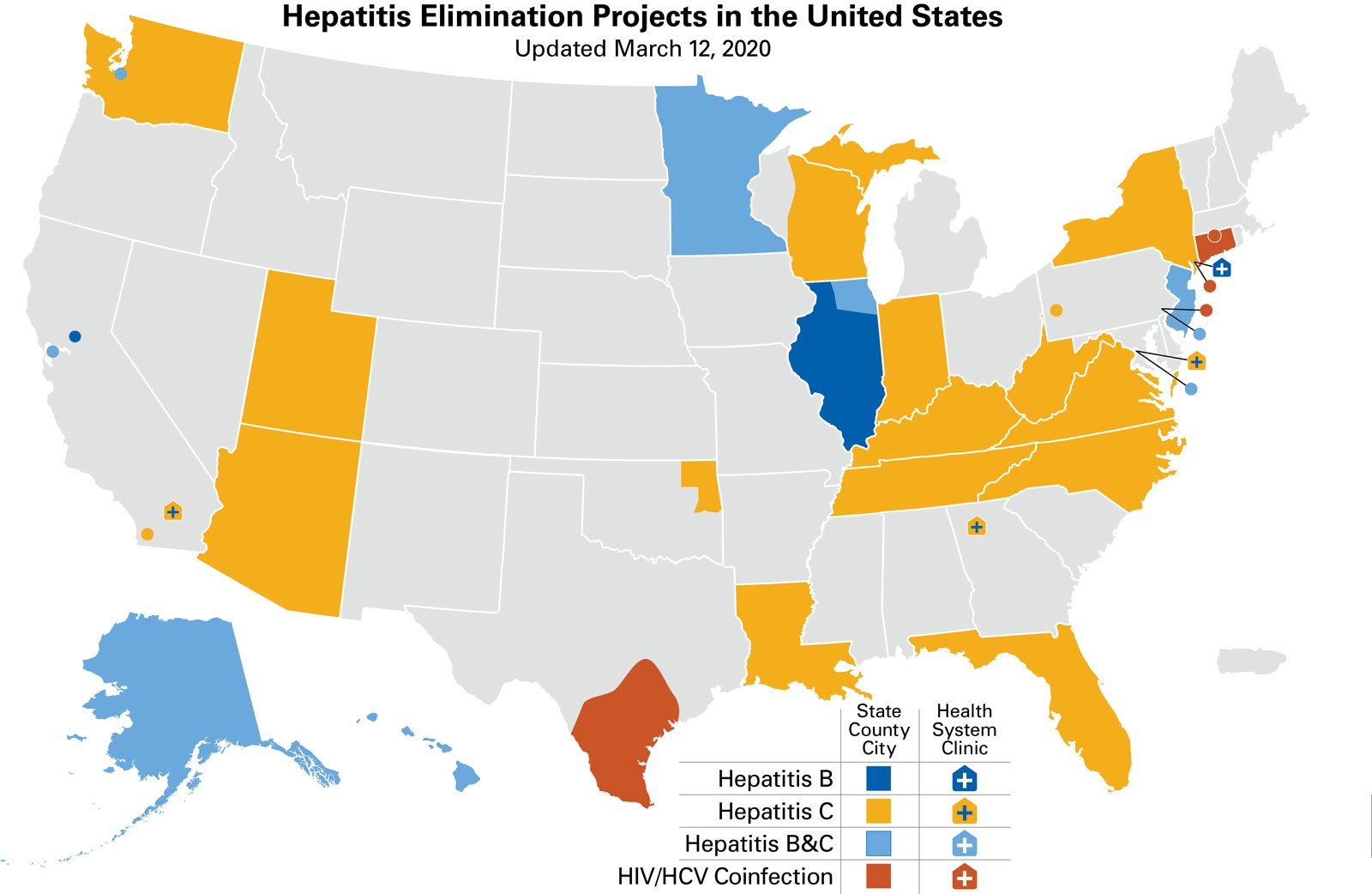 Hepatitis Elimination Projects in the United States. Updated March 12, 2020. Details of map are provided on this page.