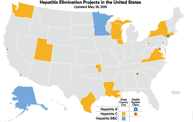 Hepatitis Elimination Projects in the United States. Updated May 9, 2019. Details of map are provided on this page.