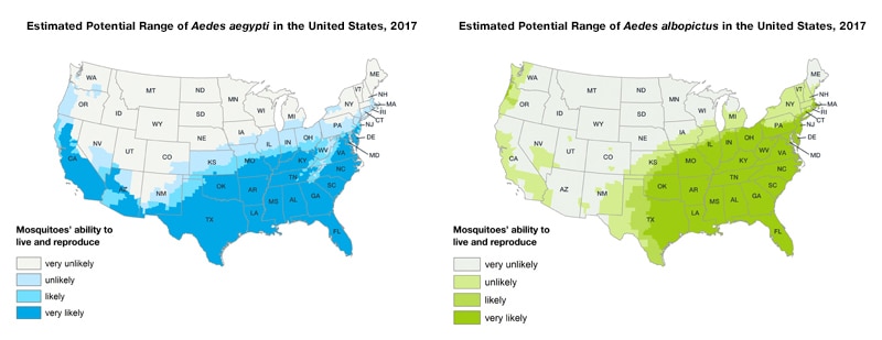 Maps showing the potential range of Aedes aegypti and Aedes albopictus in the U.S. as of 2017.