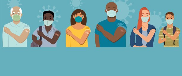 illustration of a six diverse individuals wearing masks and showing bandage on their arm from vaccination.