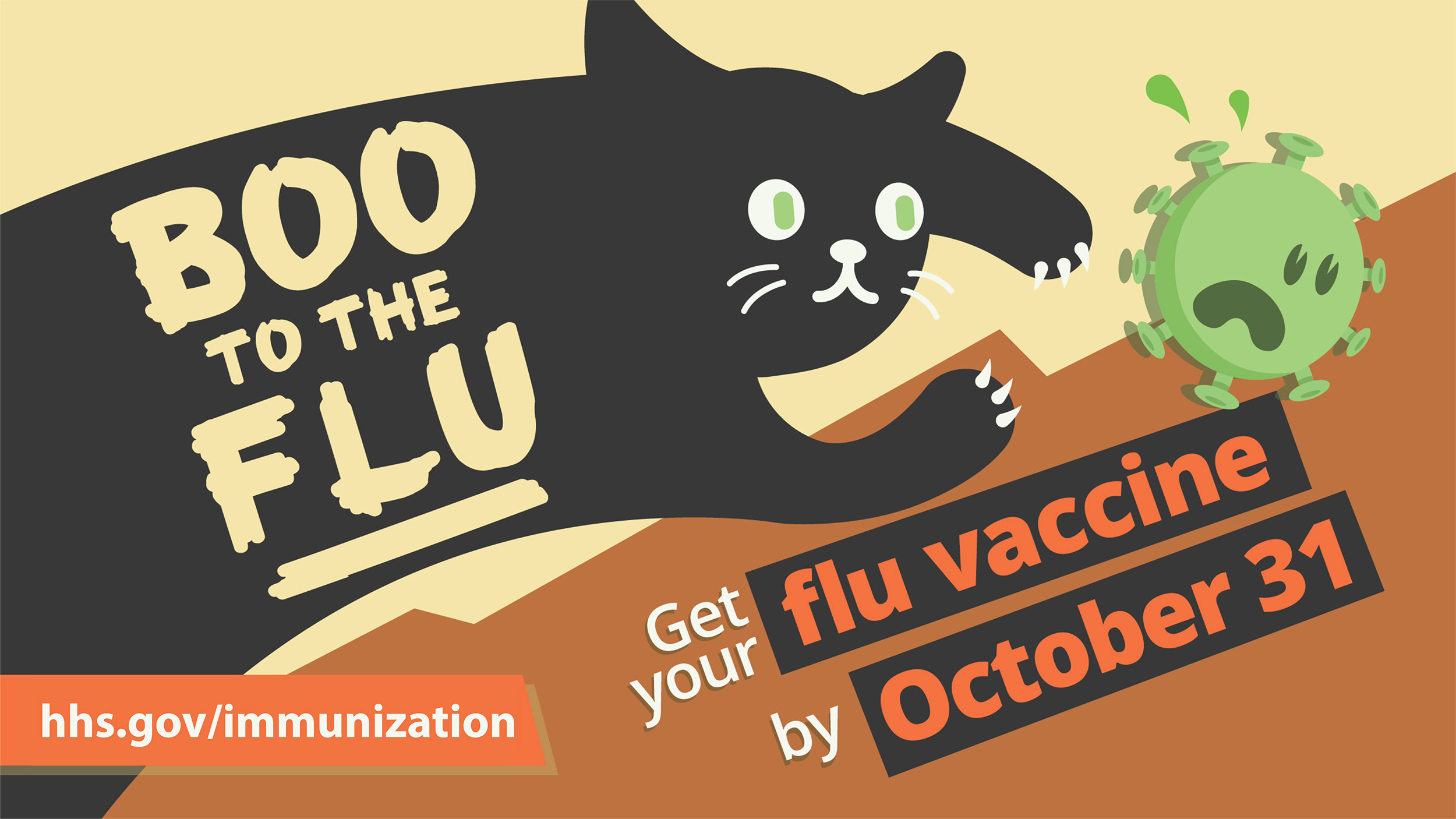 Boo the flu text on the body of a black jumping cat.