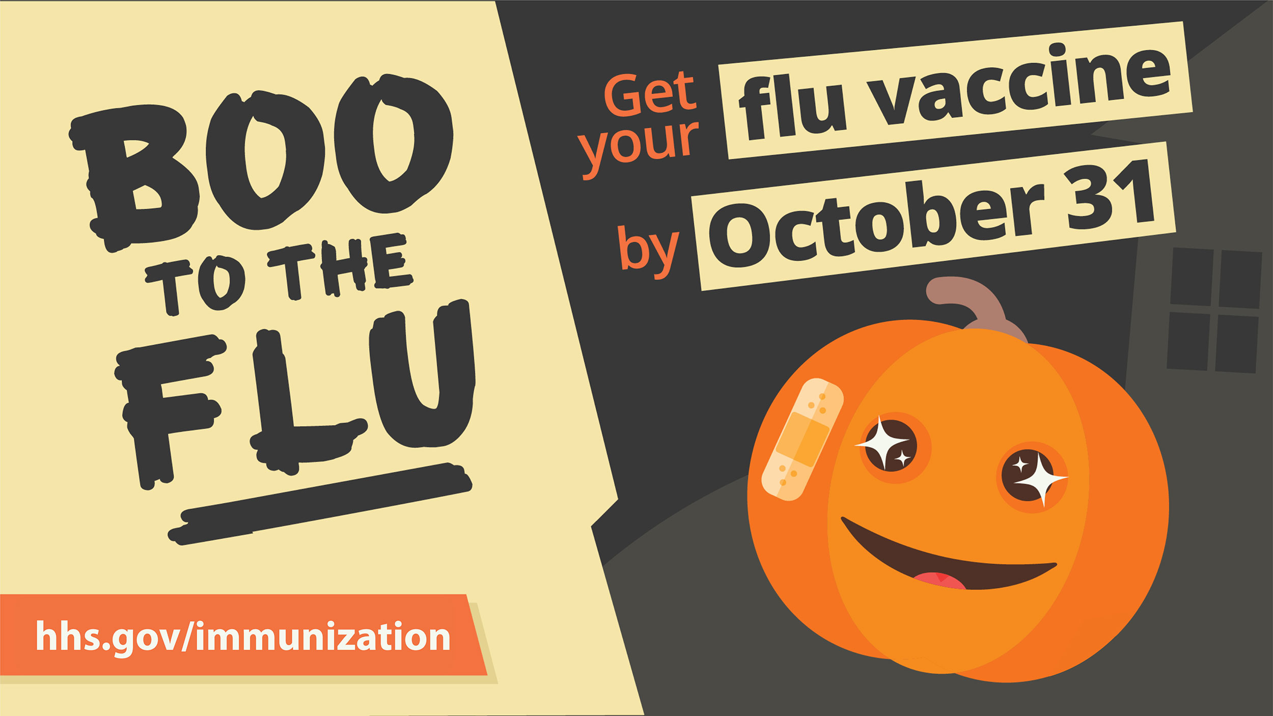 Get your flu vaccine text above a halloween pumpkin