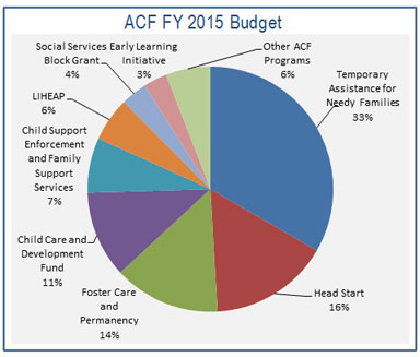  ACF FY 2016 Budget pie chart: This pie chart illustrates the components of ACF’s FY 2016 Budget request: TANF (29%) , Head Start (17%), Child Care and Development Fund (16%), Foster Care and Permanency (13%), LIHEAP (8%) Child Support Enforcement and Family Support Services (7%), Social Services Block Grant (3%), and Other ACF Programs (7%). ​