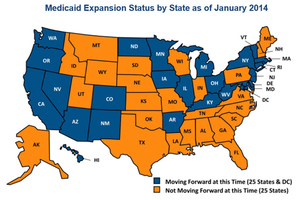 This map reflects that 28 states and the District of Columbia are moving forward with the Medicaid expansion as of January 27, 2015. Twenty-two states are not moving forward with the Medicaid expansion at this time. ​​​
