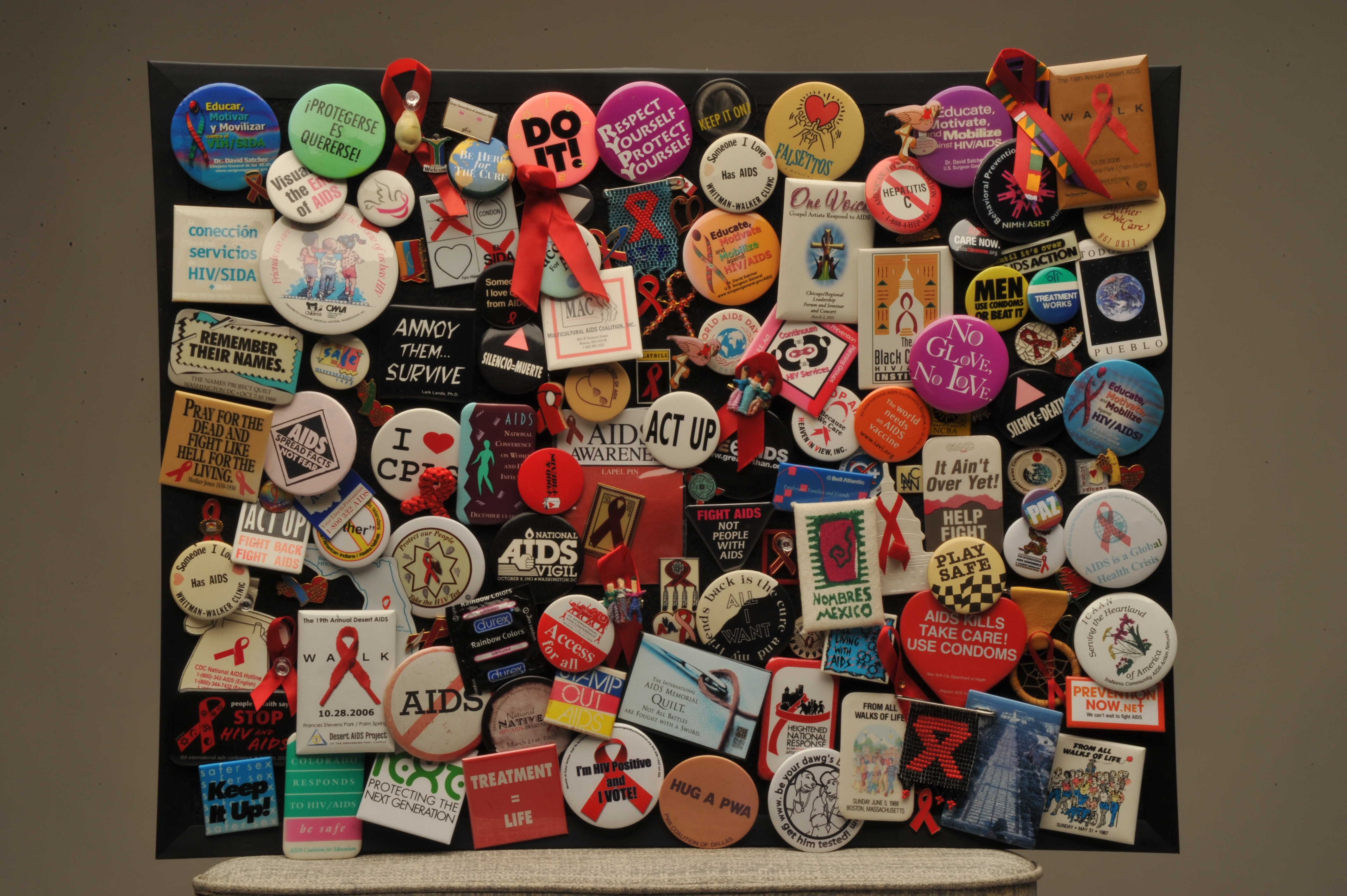 Pictured here: Photograph of AIDS button display, now featured in the Smithsonian Museum system.