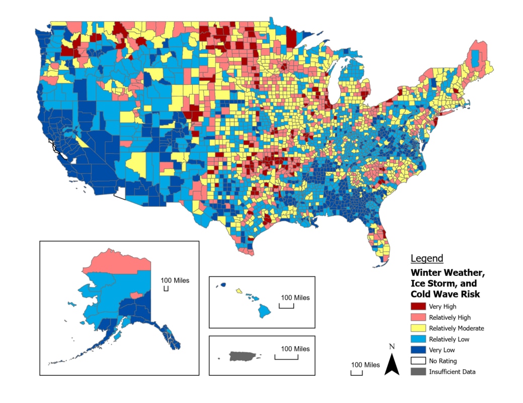 This map of the U.S. is colored by the combined National Risk Index composite ratings for Winter Weather, Ice Storm, and Cold Wave.