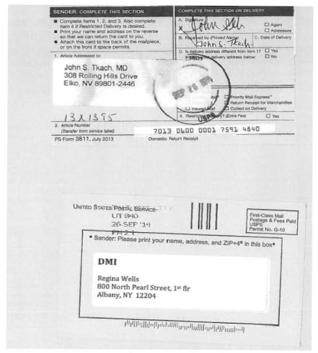 DAB CR5036 John S. Tkach return receipt for state's notice letter