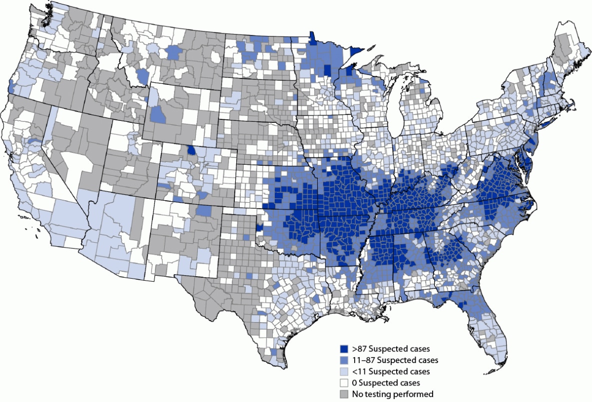 Geographic distribution of suspected alpha-gal syndrome cases per 1 million population per year in the U.S. from 2017-2022.