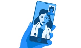 a hand holding a cell phone with an physician on a video call with a patient