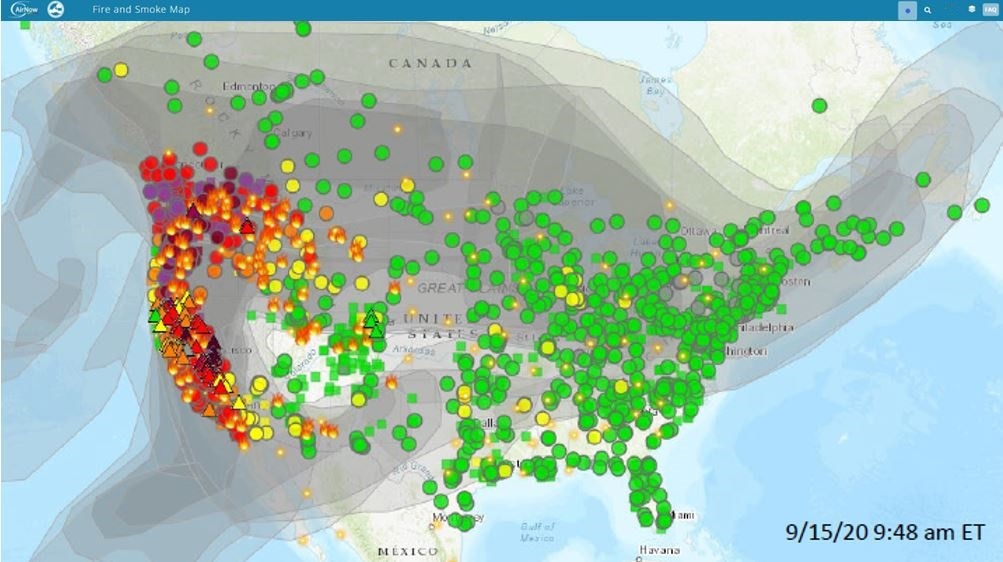 AirNow Fire and Smoke Map showing the far distances wildfire smoke can travel