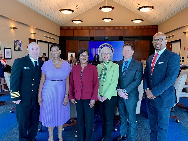 Photo of roundtable participants from left to right: Captain Michael E. King (SAMHSA - Region IV); Dr. Dawn Tyus, African American Behavioral Health-Center of Excellence at the Morehouse School of Medicine; Dr. Miriam E. Delphin-Rittmon, Assistant Secretary for Mental Health and Substance Use and SAMHSA Administrator; Yngvild Olsen (SAMHSA), Anthony Volrath (SAMHSA - Region IV), and Antrell Tyson (HHS - Region IV).