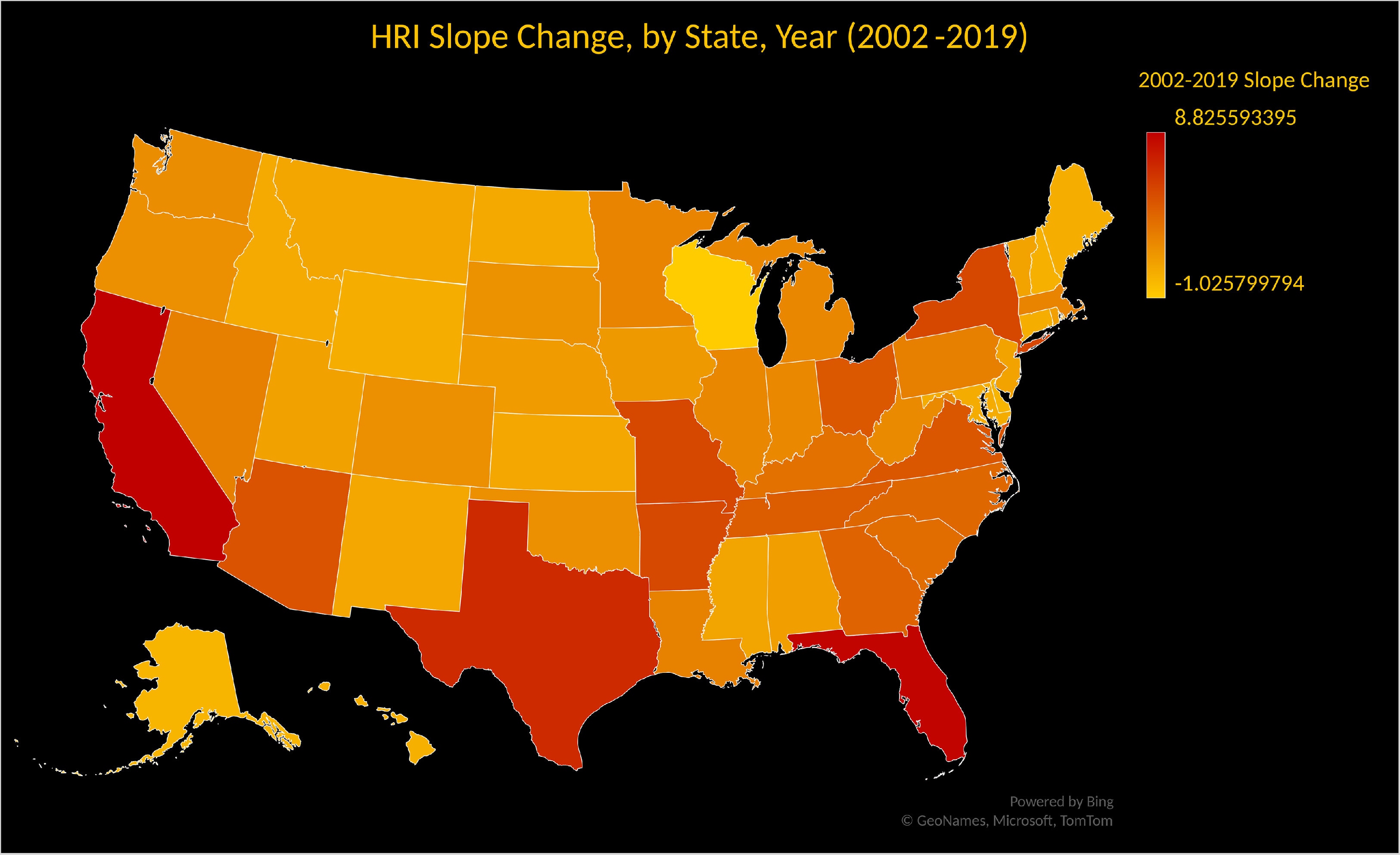 Heat map of all 50 U.S. states and District of Columbia. States with the largest increase in heat-related illness diagnoses over the assessment period are red, with less dramatic increases represented in shades of orange.