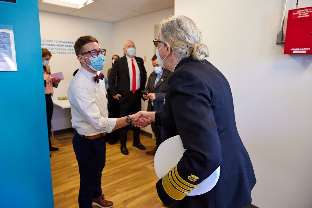 Admiral Rachel Levine shaking hands with a roundtable participant at Planned Parenthood of Northern New England.