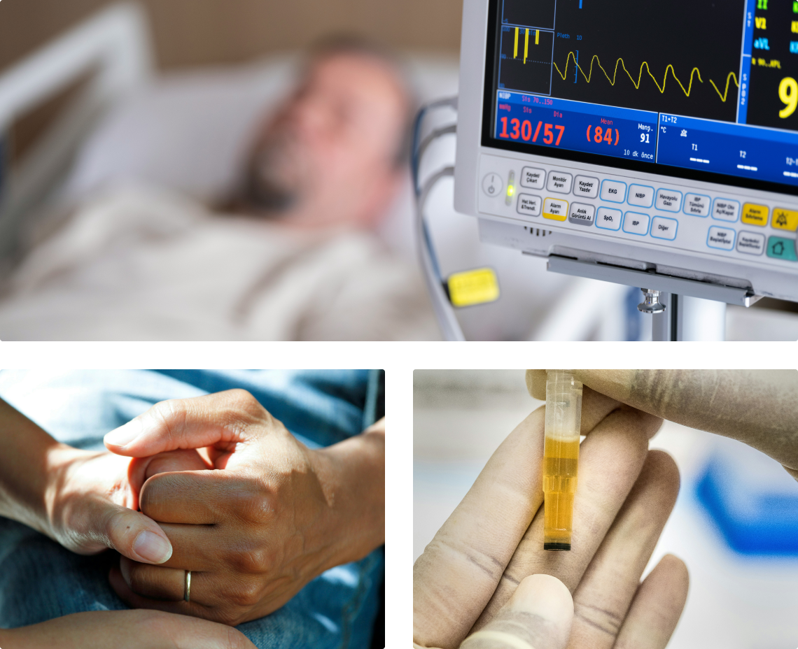 Collage showing a hospital monitor with a patient in bed, hands holding in support, and a medical vial with yellow liquid.