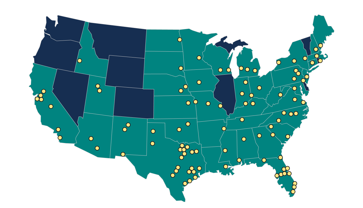The map below shows the institutions of higher education committed to advancing nutrition education across the United States.