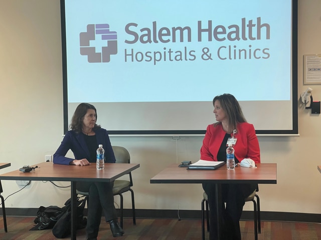 Regional Director Ulrey and Leah Mitchell, Executive Vice President of Operations, Chief Integration Officer, Salem Health Hospitals and Clinics take questions from press.
