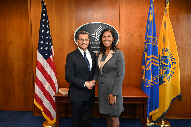 Secretary of Health Human Services Xavier Becerra swearing in Cheryl Campbell as the Assistant Secretary for Administration ASA