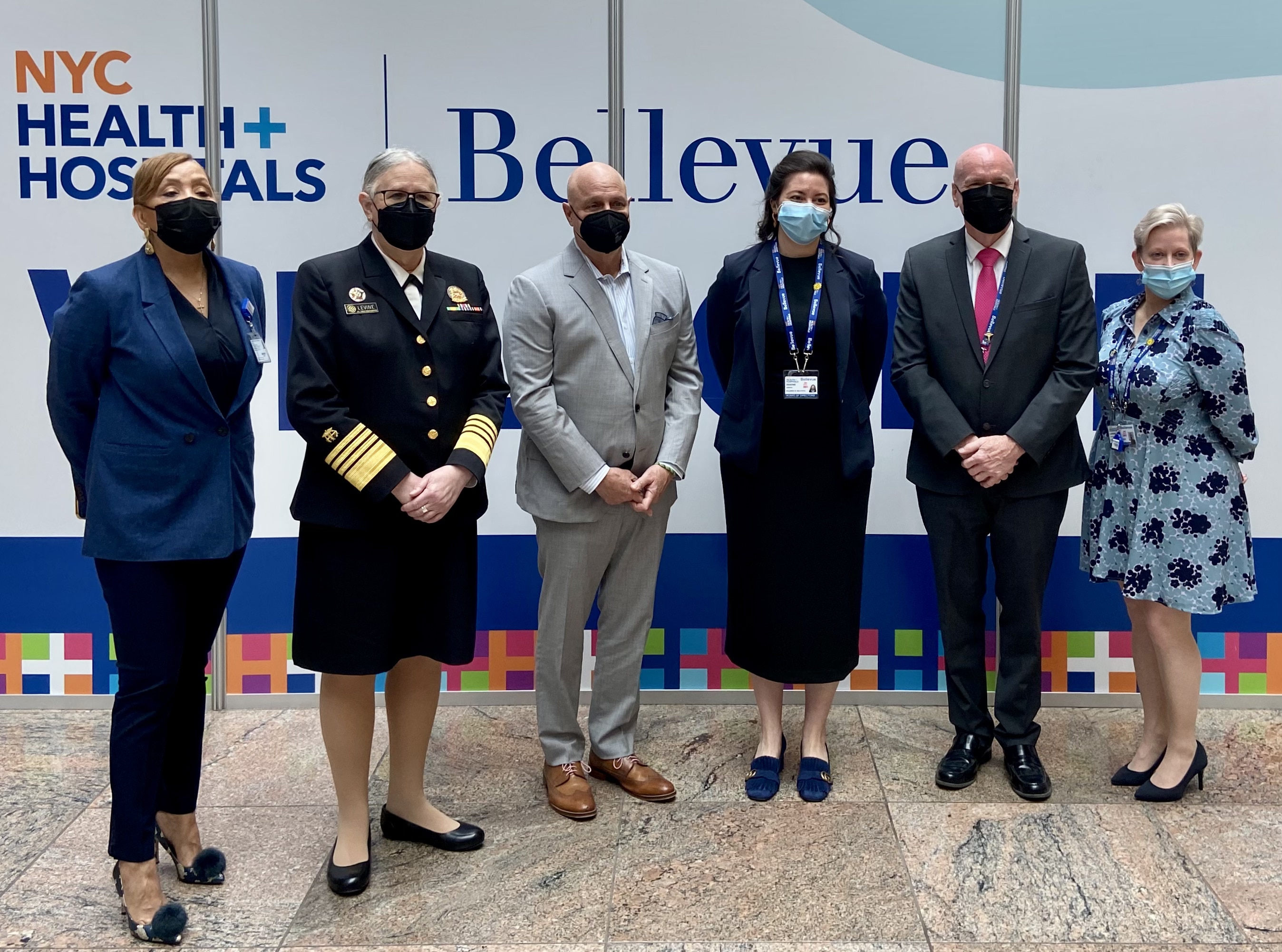 group photo pictured from left: Marcia Peters, COO, NYC Health + Hospitals/Bellevue; ADM Rachel Levine; Tom Colichhio, Chef; Jennifer Giasone, Chairperson, Children of Bellevue; William Hicks, CEO, NYC Health + Hospitals/Bellevue; and Sarah Beth Lardie, Executive Director, Children of Bellevue.