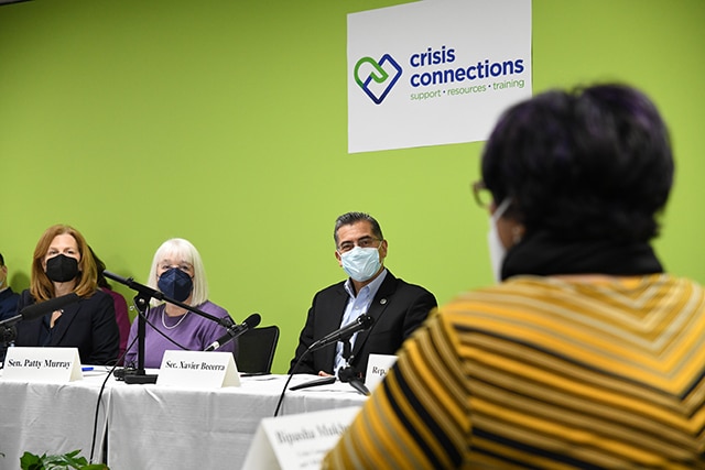 From Left to Right: Congresswoman Kim Schrier (WA-8), Senator Patty Murray (D-WA), and Secretary Becerra at Crisis Connections in Seattle, Washington.