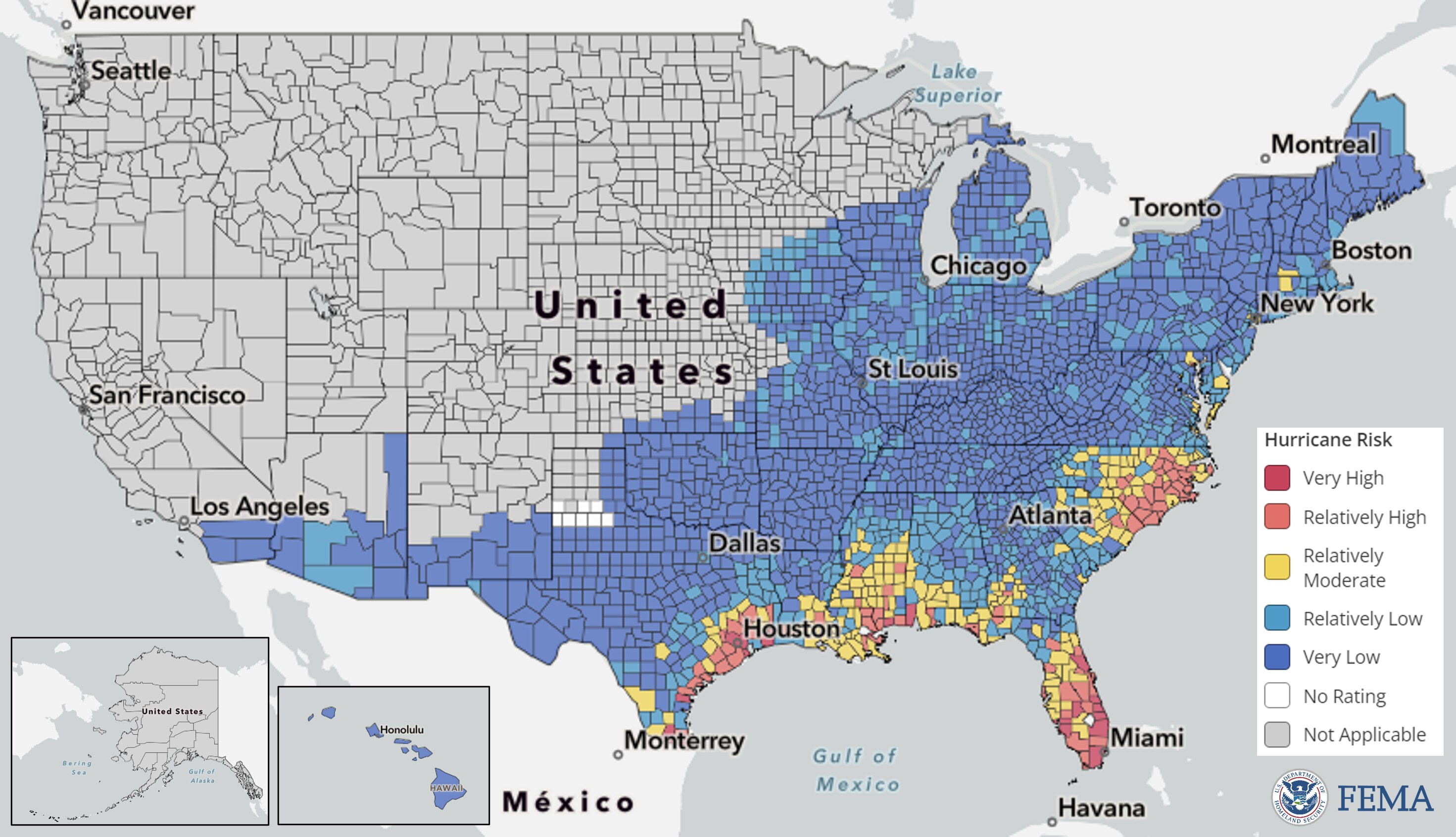Map of the United States is colored by the relative Risk Index rating for the Hurricane hazard. The characterization of risk across these counties are based on historical records on hurricane paths and intensity