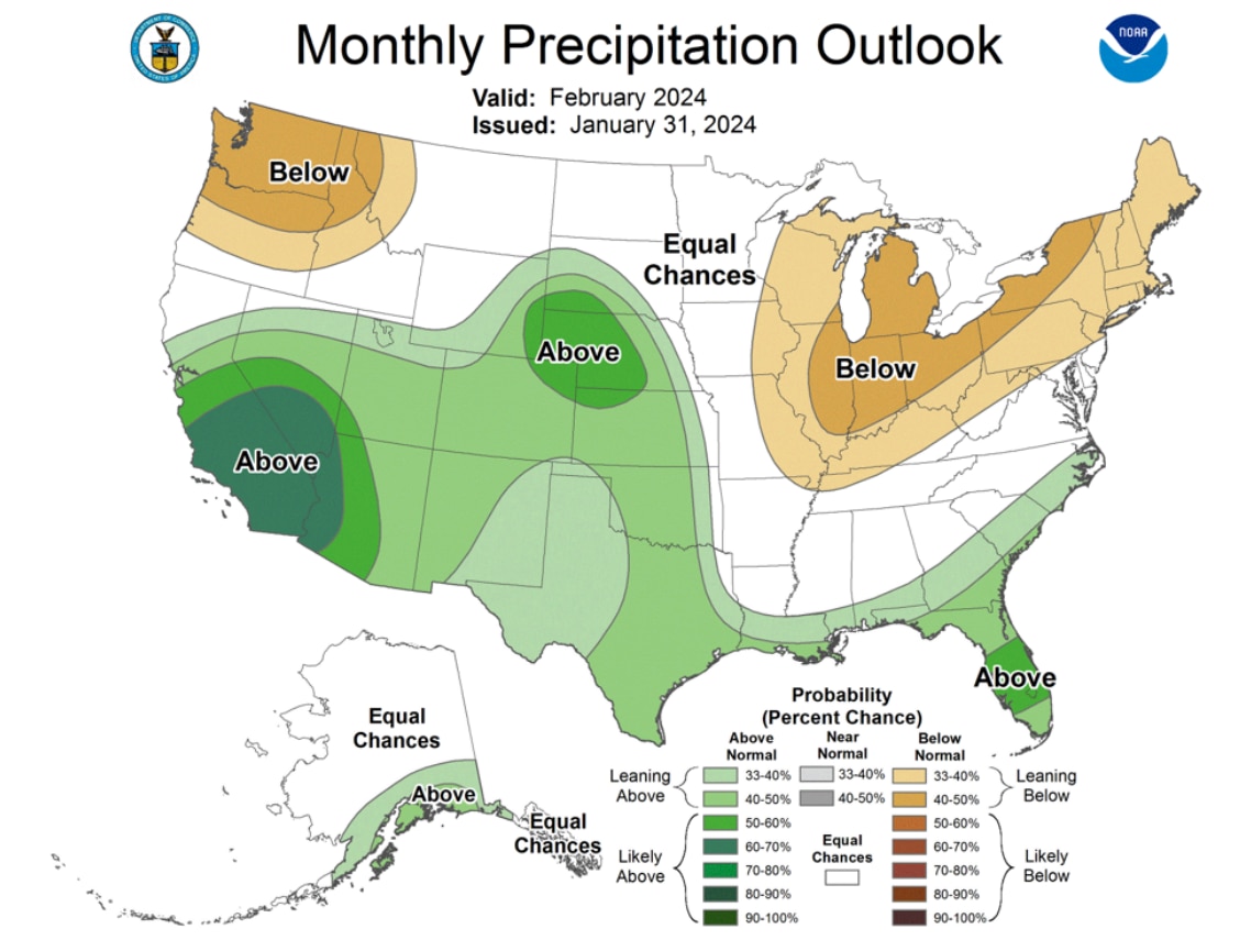 This NOAA Climate Prediction Center February precipitation outlook shows the most likely outcome in terms of probabilities. Higher probabilities mean higher confidence, but this is not the only possible outcome.