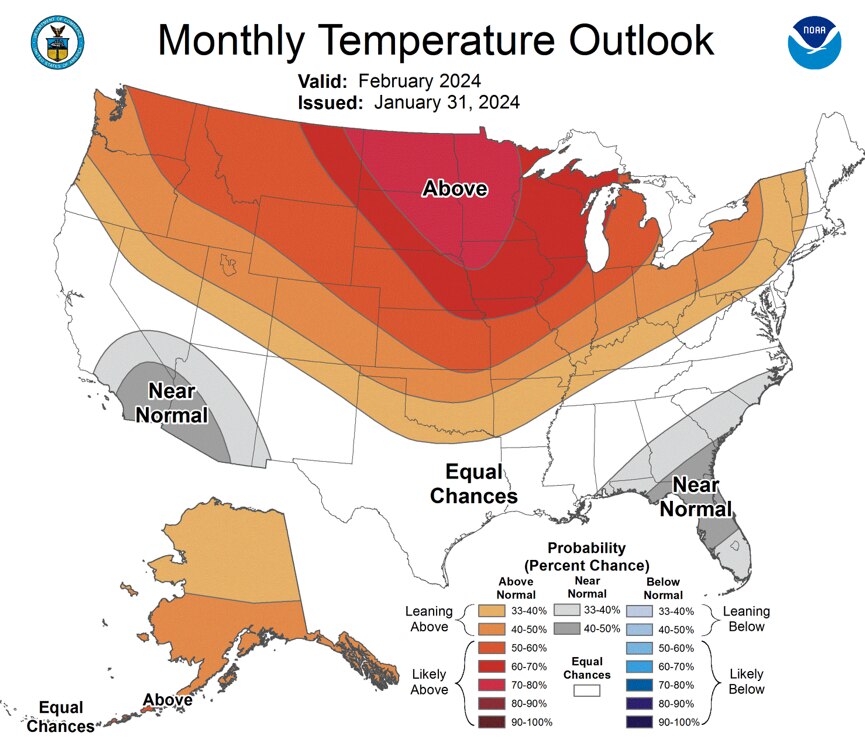 This NOAA Climate Prediction Center February temperature outlook shows the most likely outcome in terms of probabilities, but this is not the only possible outcome.