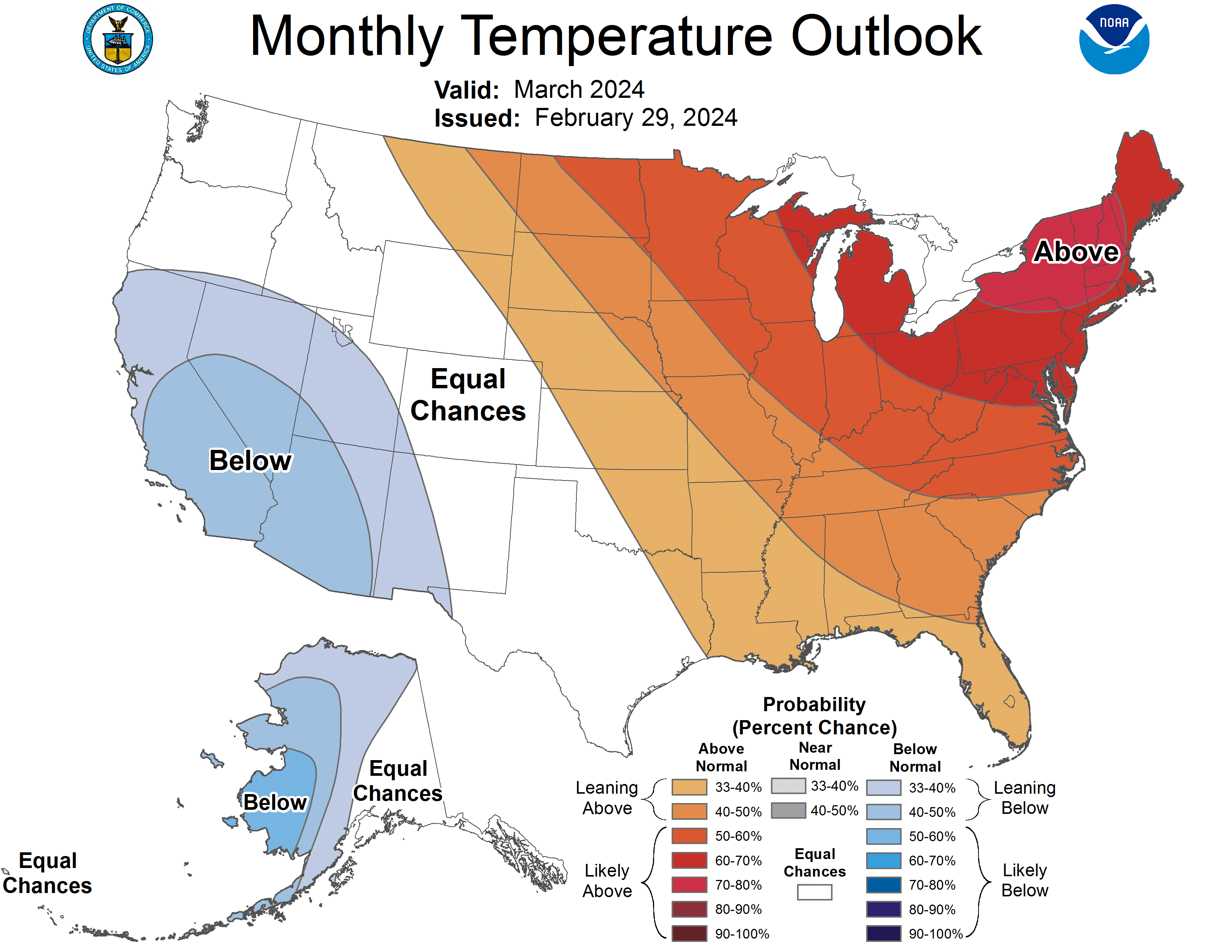 This NOAA Climate Prediction Center March temperature outlook shows the most likely outcome in terms of probabilities, but this is not the only possible outcome. 