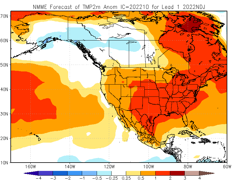 The North American Multi-Model Ensemble (NMME) predicts that average temperature over the next 3 months (November – January) will be 0.9 – 3.6°F (0.5 – 2°C) warmer than average across parts of the contiguous U.S.