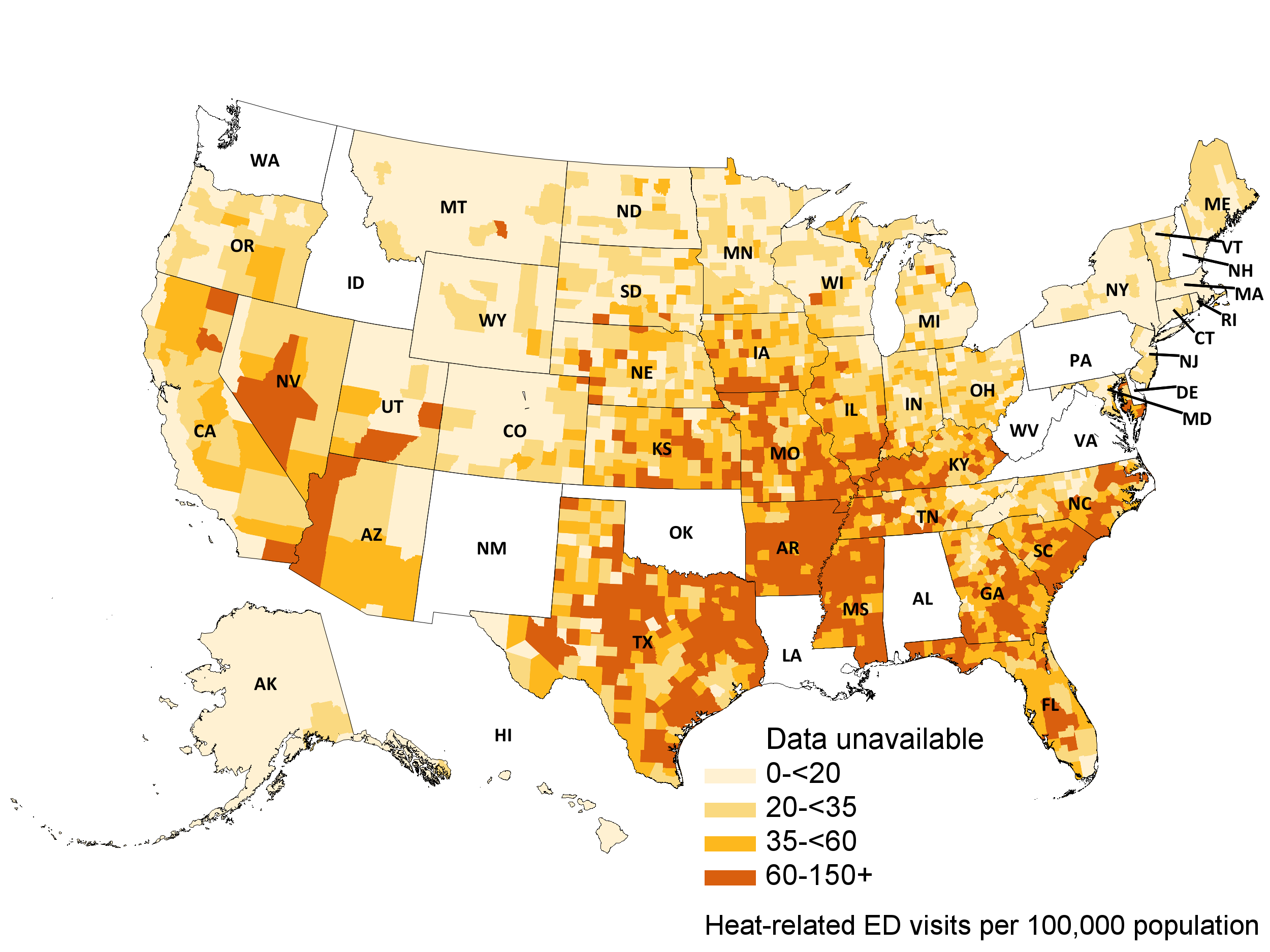 Emergency Department Visits with a Diagnosis Directly Indicating Heat Exposure per 100,000 Population, 2016-2019. Source: Agency for Healthcare Research and Quality (AHRQ), Healthcare Cost and Utilization Project (HCUP), State Emergency Department Databases (SEDD) and State Inpatient Databases (SID), 2016-2019.] 