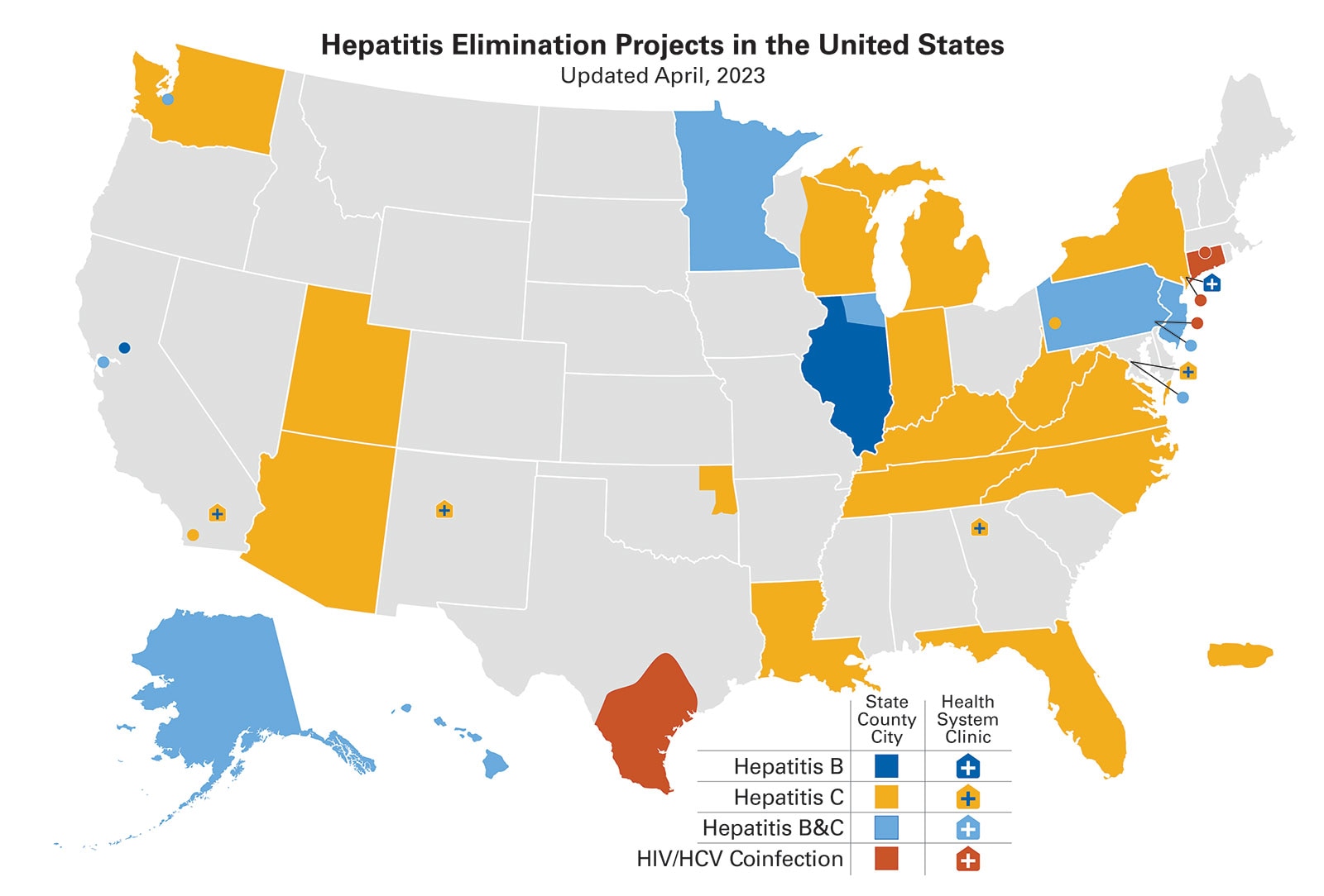 Hepatitis Elimination Projects in the United States. Updated April 2023. Details of map are provided on this page.