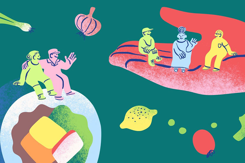 Colorful illustration of small figures sitting on a large hand and near a bowl, surrounded by stylized fruits and vegetables.