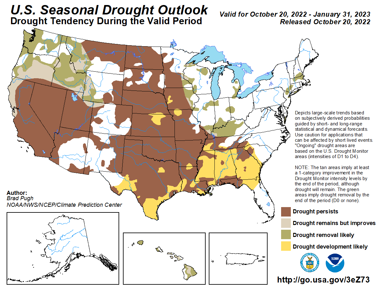 The National Weather Service Climate Prediction Center's Monthly Drought Outlook is issued at the end of each calendar month and is valid for the upcoming month. The outlook predicts whether drought will persist, develop, improve, or be removed over the next 30 days or so. For more information