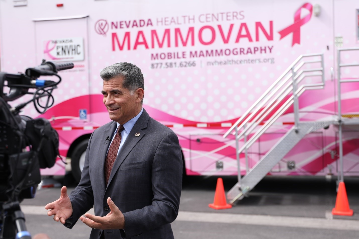 Secretary Becerra during an on camera interview outside of a Nevada Health Center Mammovan - a mobile mammography unit.