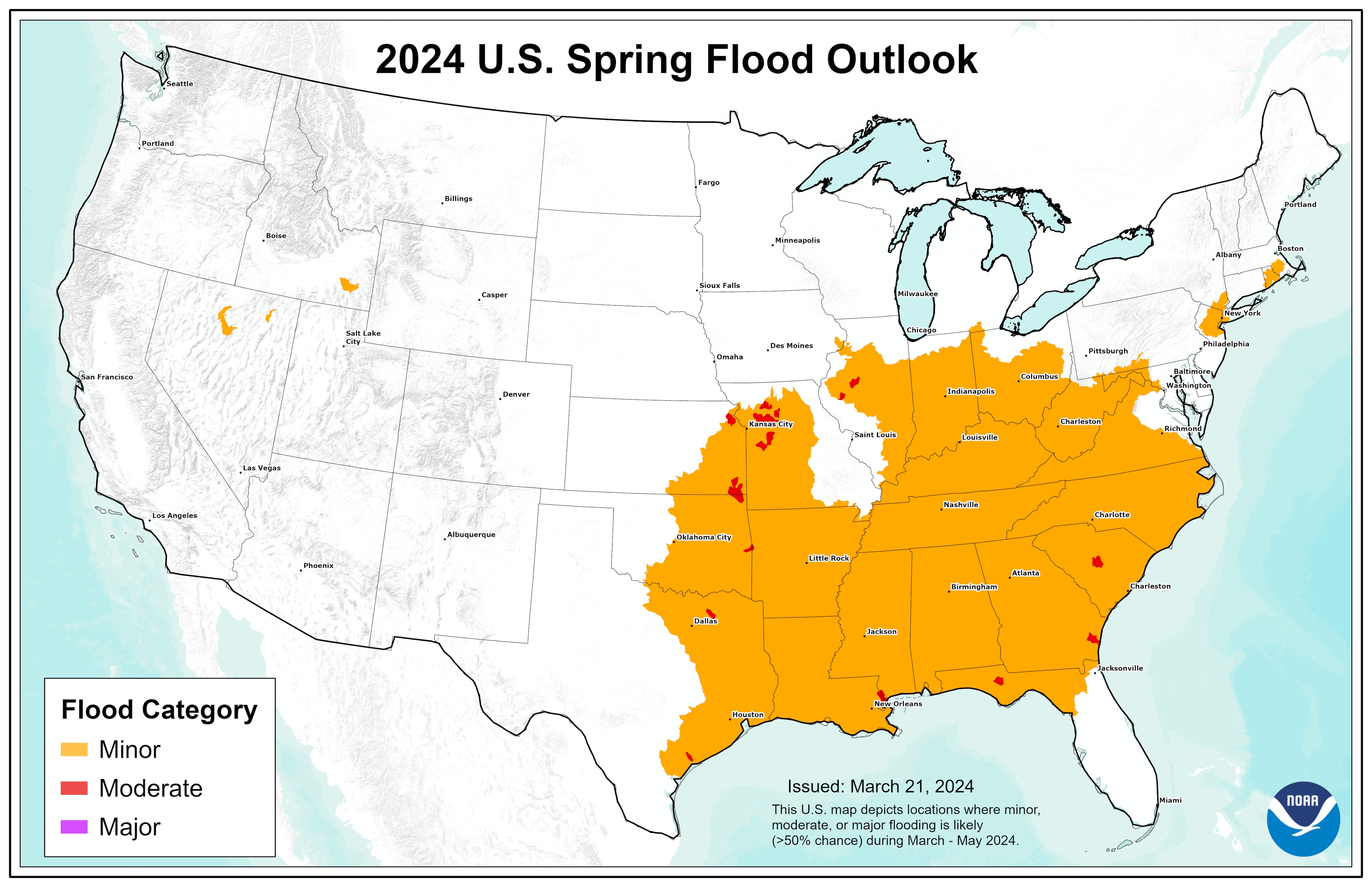 This map was developed by the National Weather Service - Office of Water Prediction and is reflective of forecast conditions on March 21,2024. The map focuses on spring flood potential, using evaluation methods analyzed on the timescale of weeks to months, not days or hours. Heavy rainfall at any time can lead to flooding, even in areas where overall risk is considered low. For detailed hydrologic conditions and forecasts, go to National Water Center Products and Services.