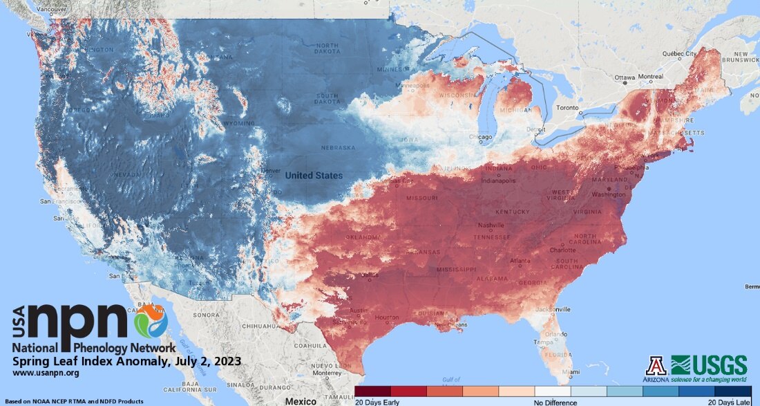 This map depicts where springtime biological activity began earlier than average (red tones) and later than average (blue tones) this year. We can expect an earlier start to the pollen season in regions experiencing an earlier than normal start to spring.