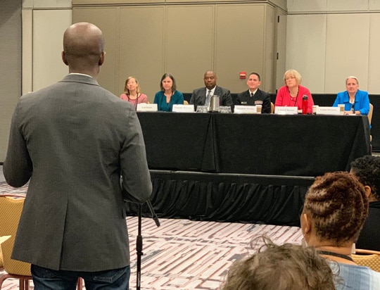 (l-r) Dr. Carolyn Wester, Dr. Gail Bolan, Dr. Eugene McCray, Dr. Jonathan Mermin, Dr. Laura Cheever, and Dr. Tammy Beckham listen to stakeholder input on March 21, 2019 in Atlanta.