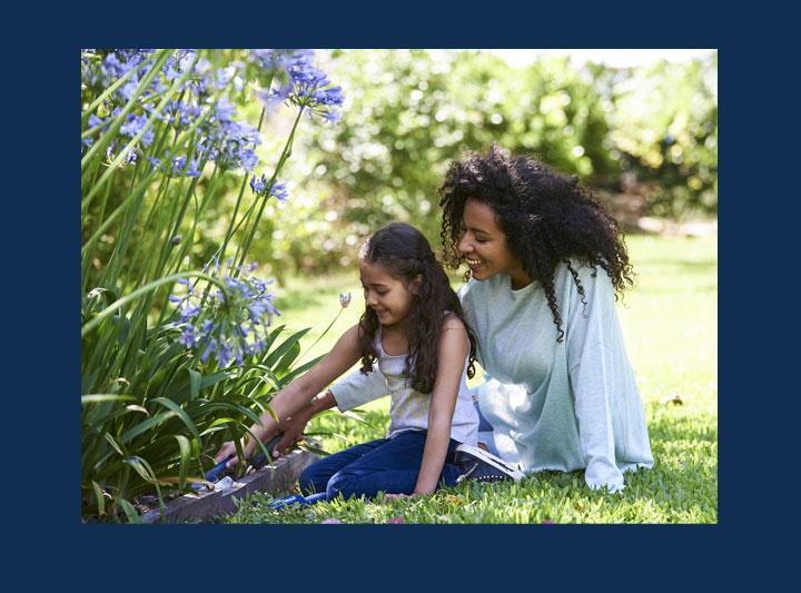 Smiling adult and child planting together in flower bed