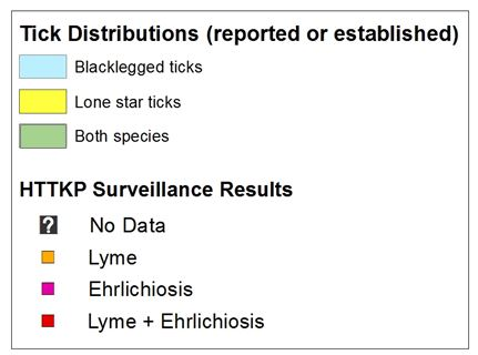 Legend for a map of the United States that shows the distribution of blacklegged ticks, lone star ticks, and both species.