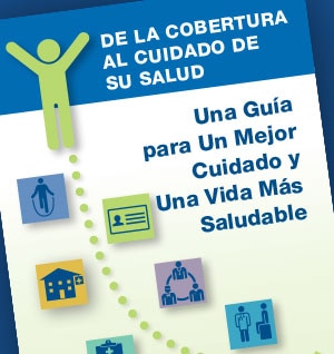 The cover of the Coverage to Care brochure in Spanish against a blue background.