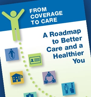 The cover of the Coverage to Care brochure in Tribal against a blue background.
