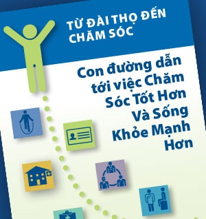 The cover of the Coverage to Care brochure in Vietnamese against a blue background.