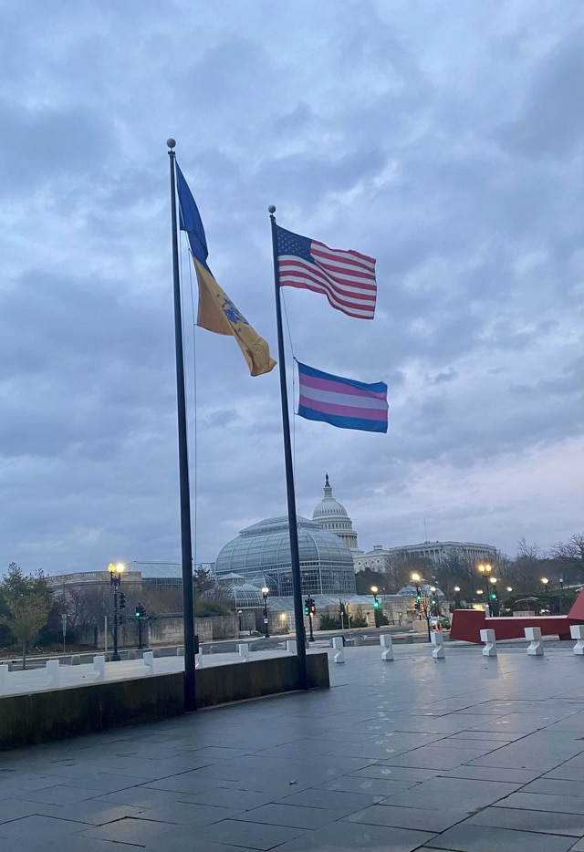 The transgender pride flag flies outside the HHS headquarters building with the Capitol building behind it.